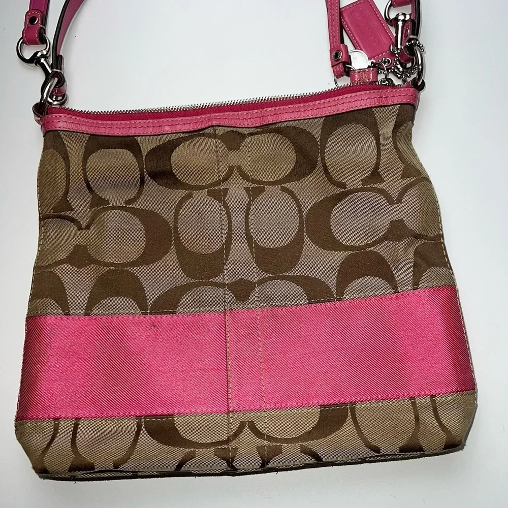 Coach Pink Beige Tan Signature Stripe Convertible Shoulder Bag